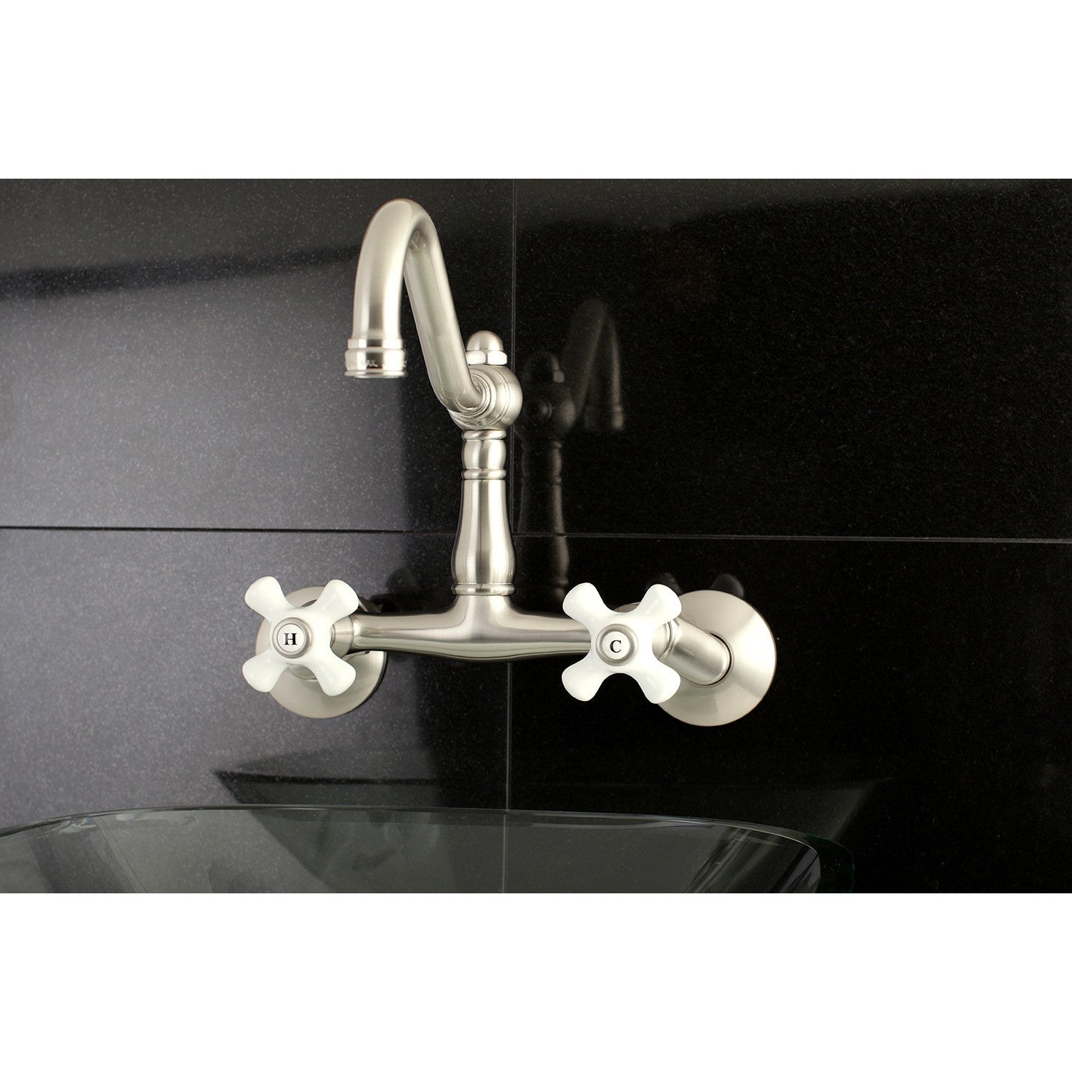 Kingston Heirloom KS3228PX - Vintage Two-Handle 2-Hole Wall Mount Bridge Kitchen Faucet, Brushed Nickel — thumbnail 2